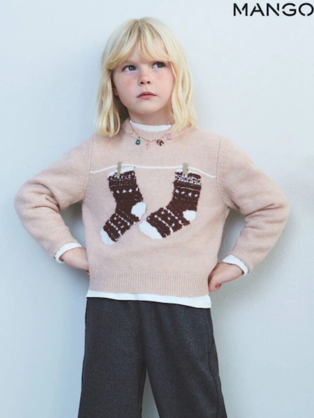 Mango Pink Crewneck Sweater with Brown & Cream Sock Motif